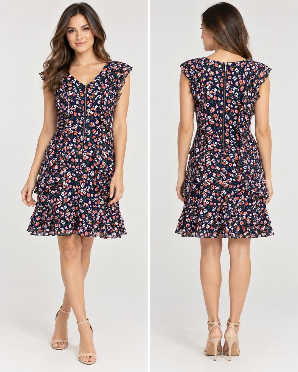 Michael Kors Dress Women M Navy Floral Ruffle Fit Flare Cap Sleeve